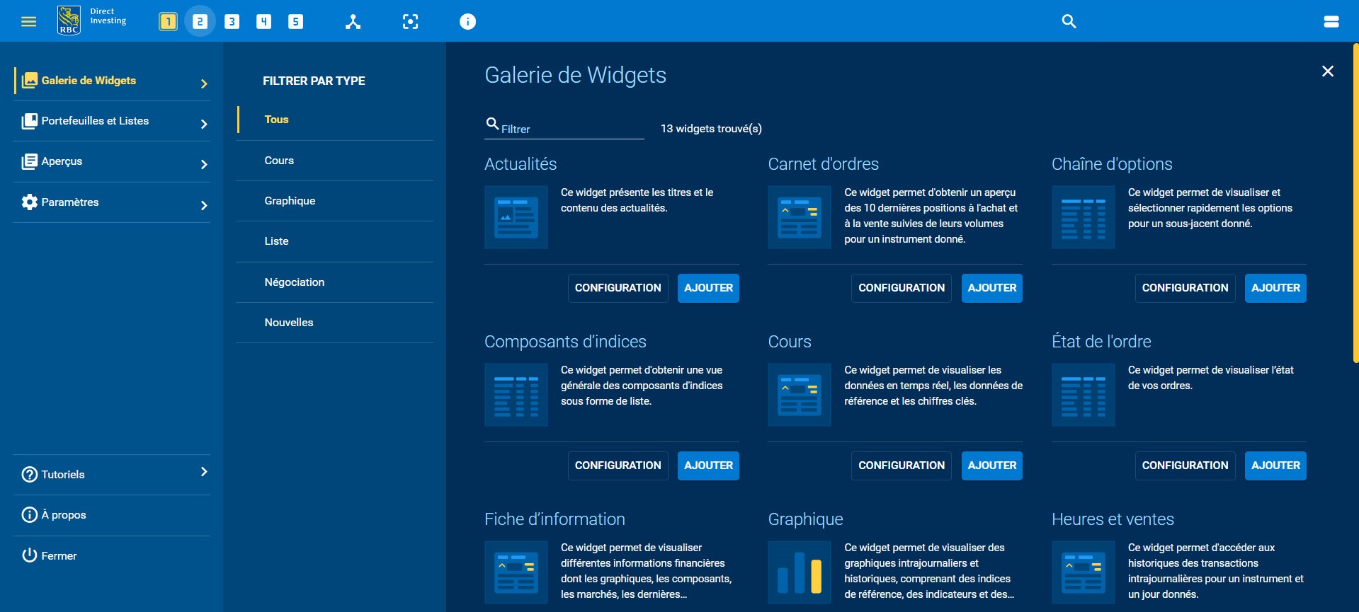 Menu principal du Tableau de bord des opérations – onglet des widgets